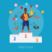 Sport winner concept with first place symbols on blue background flat vector illustration